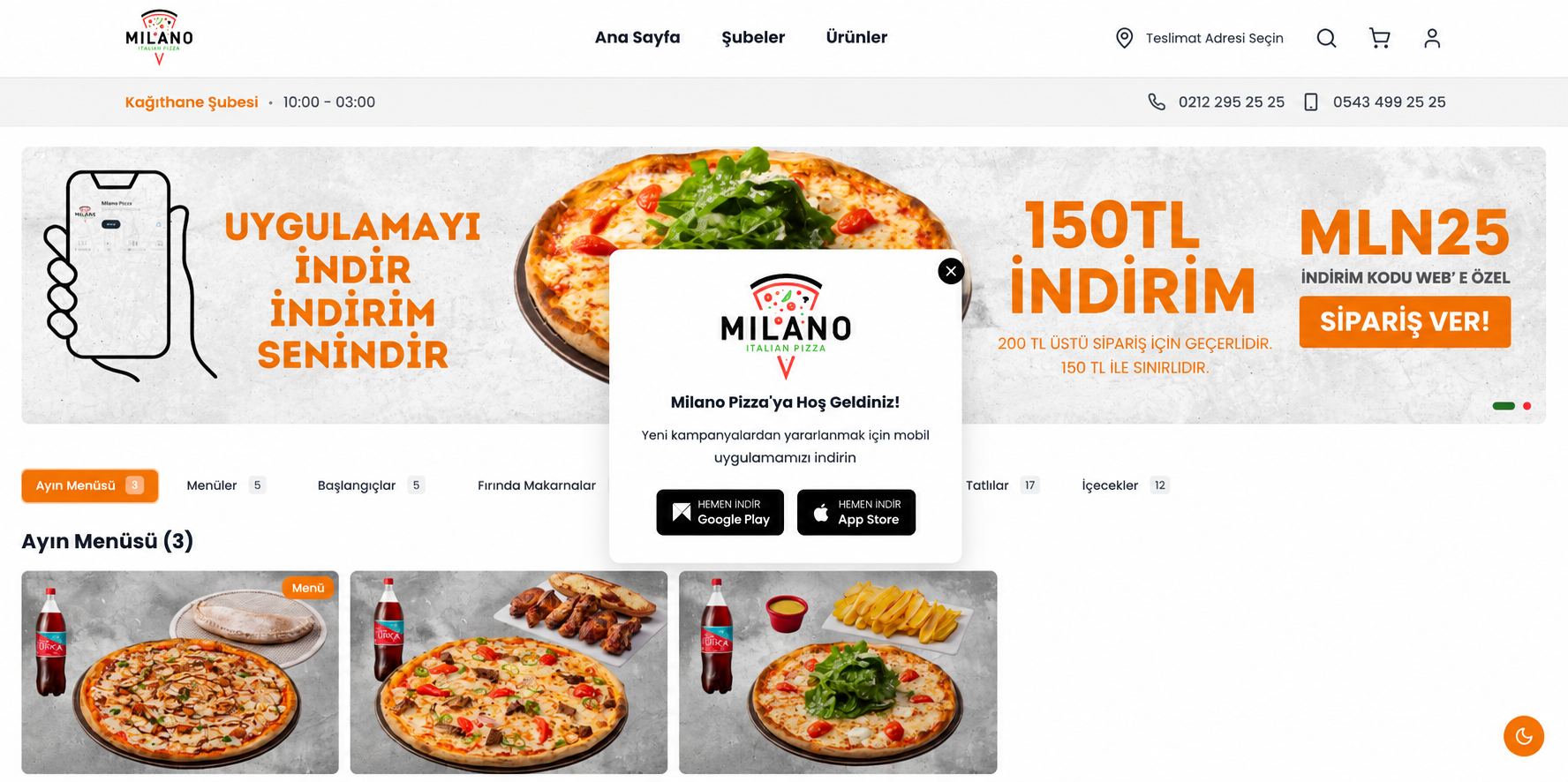 Milano Pizza ordering interface